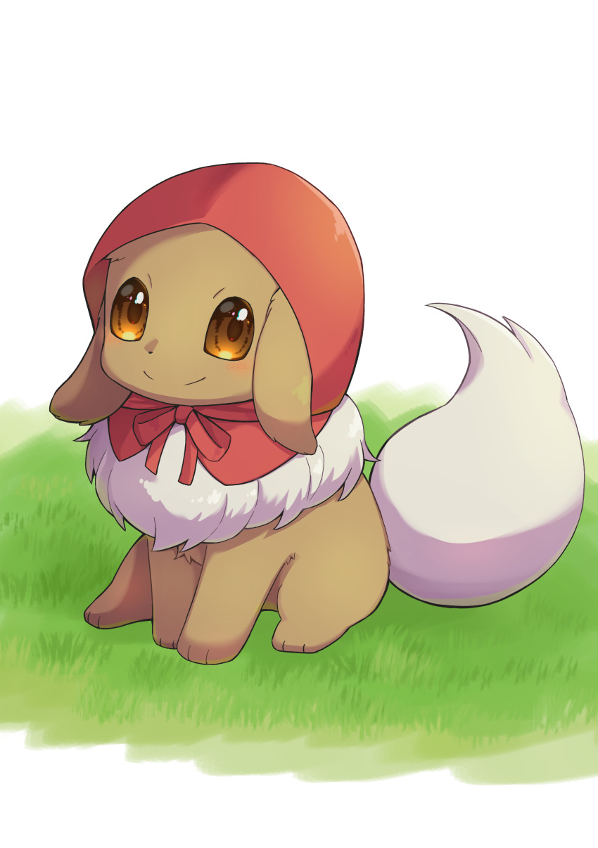 absurdres animal_focus blush brown_eyes closed_mouth clothed_pokemon commentary detached_hood ears_down eevee full_body grass happy heart heart_in_eye highres hood hood_up looking_at_viewer mochizuki_reiji neck_fur no_humans on_ground outdoors pokemon pokemon_(creature) sitting smile solo split_mouth symbol_in_eye white_background