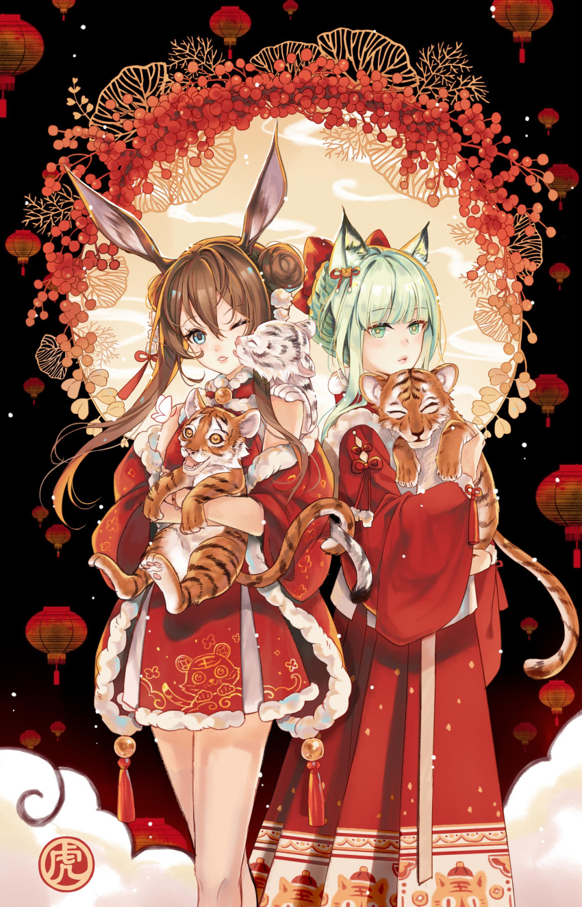 2girls ;o absurdres amiya_(arknights) animal animal_ear_fluff animal_ears animal_print arknights bare_shoulders blue_eyes brown_hair cat_ears chinese_clothes chinese_new_year chinese_zodiac dark_background dress feet_out_of_frame fur-trimmed_dress fur_trim green_eyes green_hair hanfu highres holding holding_animal kal'tsit_(arknights) lantern long_dress multiple_girls one_eye_closed rabbit_ears red_dress short_dress sleeveless sleeveless_dress tiger tiger_print xialuo_yingling year_of_the_tiger