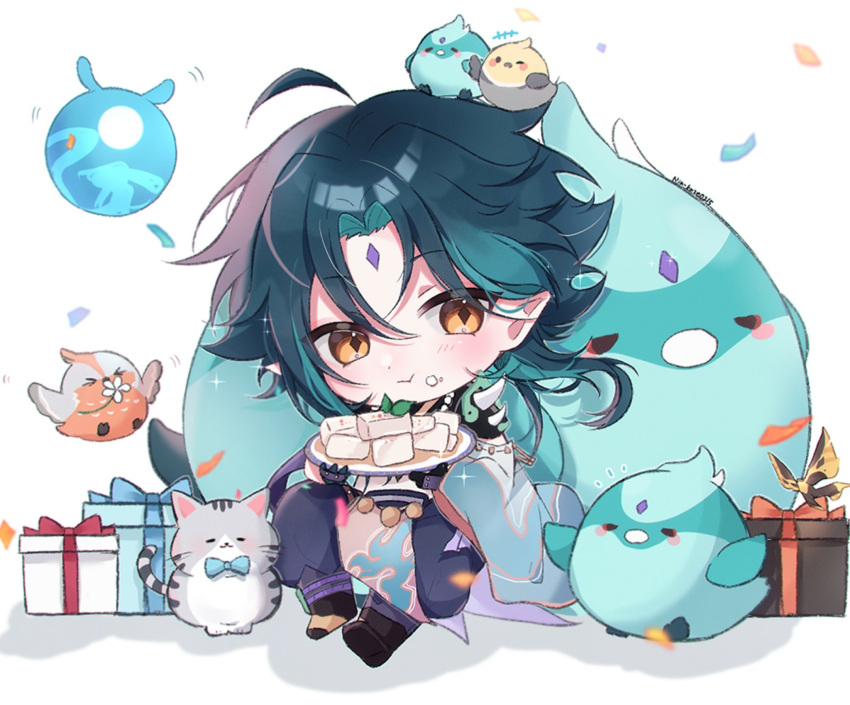 +++ 1boy :t ahoge almond_tofu_(genshin_impact) amimia_zaxtuta animal_on_head aqua_hair artist_name asymmetrical_clothes bead_necklace beads bird bird_on_head black_footwear black_gloves blue_pants blush boots box bug cat chibi closed_mouth commentary_request confetti crystalfly_(genshin_impact) detached_sleeves diamond-shaped_pupils diamond_(shape) eating facial_mark flower food food_on_face forehead_mark genshin_impact gift gift_box gloves green_hair hands_up highres holding holding_plate jewelry long_sleeves multicolored_hair necklace on_head pants parted_bangs pelvic_curtain plate seelie_(genshin_impact) shirt short_hair shoulder_spikes sidelocks simple_background single_detached_sleeve sitting spikes symbol-shaped_pupils tofu white_background white_flower white_shirt wide_sleeves xiao_(genshin_impact) yellow_eyes