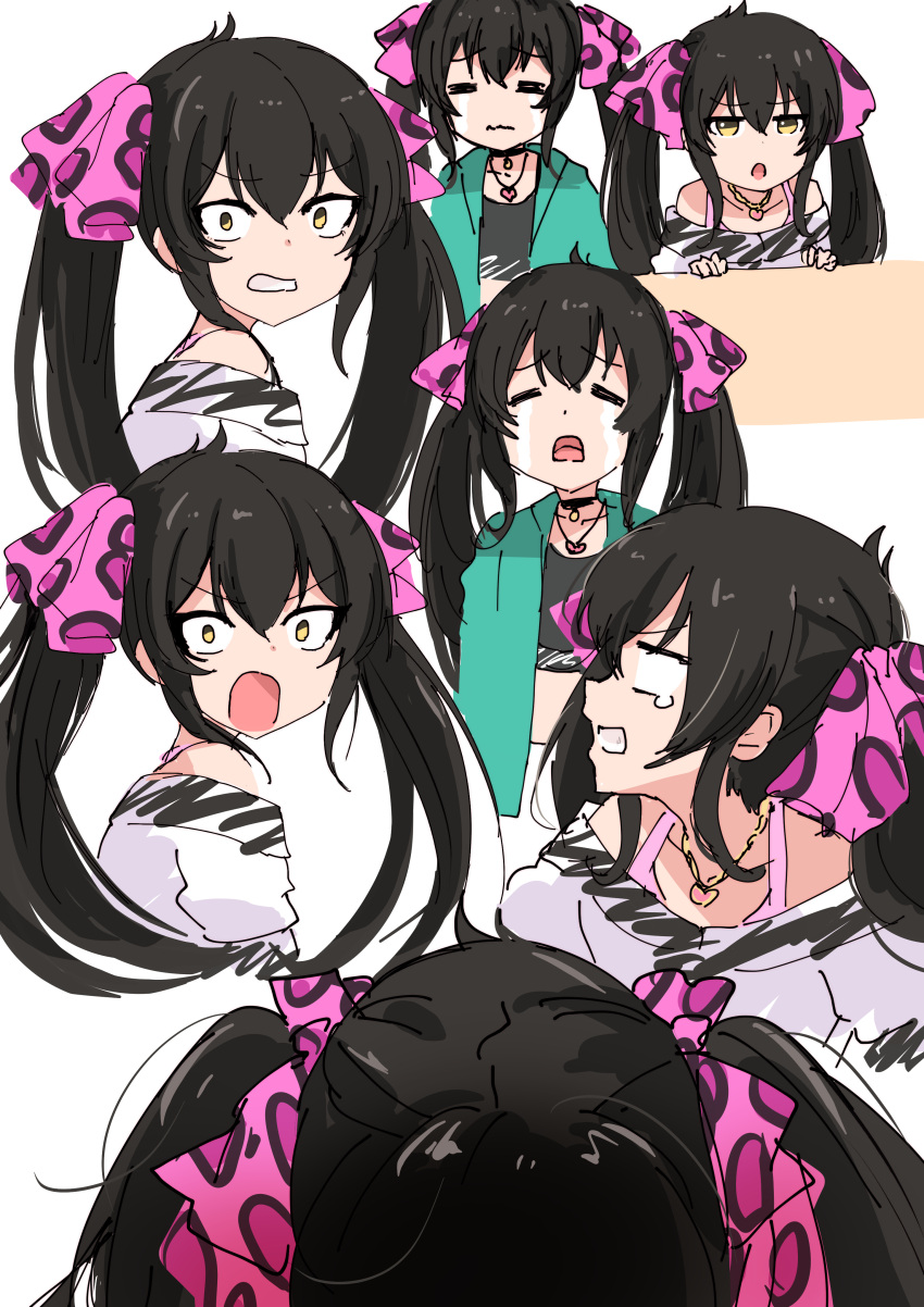 1girl absurdres animal_print black_choker black_hair choker clenched_teeth commentary_request crying expressions hair_ribbon heart heart_necklace highres idolmaster idolmaster_cinderella_girls idolmaster_cinderella_girls_u149 jewelry leopard_print long_hair matoba_risa multiple_views necklace off-shoulder_shirt off_shoulder pink_ribbon print_ribbon ribbon roccamoya shirt streaming_tears surprised tears teeth twintails yellow_eyes