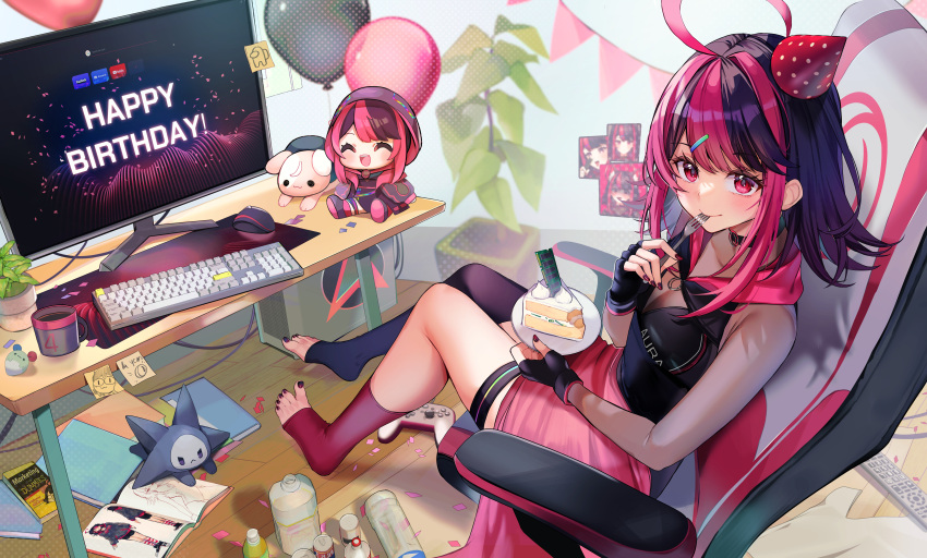 1girl absurdres ahoge asymmetrical_legwear balloon black_choker black_gloves black_hair black_shirt black_thighhighs bottle cake cake_slice can chair character_doll character_name choker commentary controller cup desk eating english_commentary fingerless_gloves food for_dummies fork game_controller gaming_chair gloves gx_aura hair_ornament hairclip happy_birthday hat highres hood hood_down keyboard_(computer) long_hair mat monitor mug multicolored_hair official_art opera_gx party_hat pink_eyes pink_hair pink_socks plant plate polka_dot_headwear red_nails remote_control second-party_source see-through shirt single_sock single_thighhigh sitting socks sticky_note swivel_chair thigh-highs thigh_strap utensil_in_mouth virtual_youtuber wooden_floor yuniiho