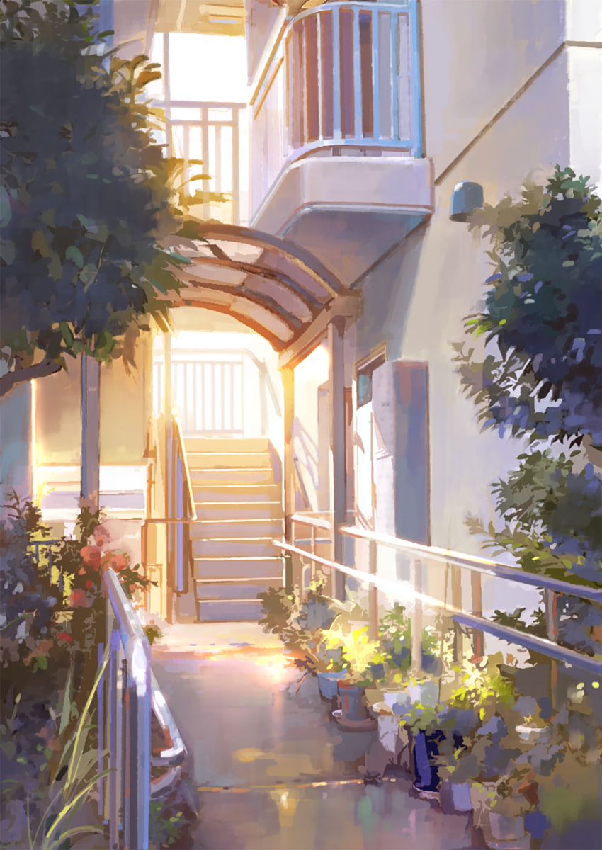 absurdres balcony building bush evening fence highres no_humans original outdoors plant potted_plant scenery stairs tomato_(kiiroitomato33) tree