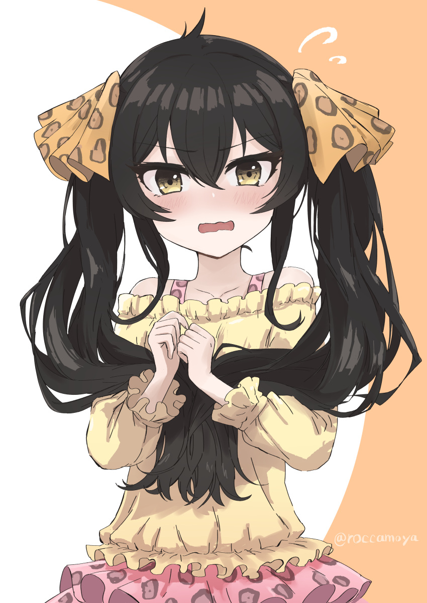 1girl absurdres animal_print bare_shoulders black_hair blush collarbone commentary_request frilled_shirt frilled_skirt frills hair_ribbon highres idolmaster idolmaster_cinderella_girls idolmaster_cinderella_girls_u149 leopard_print long_hair looking_at_viewer matoba_risa open_mouth pink_skirt print_ribbon print_skirt ribbon roccamoya shirt skirt solo twintails twitter_username wavy_mouth yellow_shirt