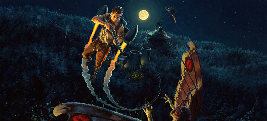 boots brown_footwear brown_hair brown_pants building fallout_(series) fallout_76 fighting flying full_moon gun highres holding holding_gun holding_weapon jetpack monster moon night night_sky official_art outdoors pants robot shirt short_hair short_sleeves sky weapon white_shirt