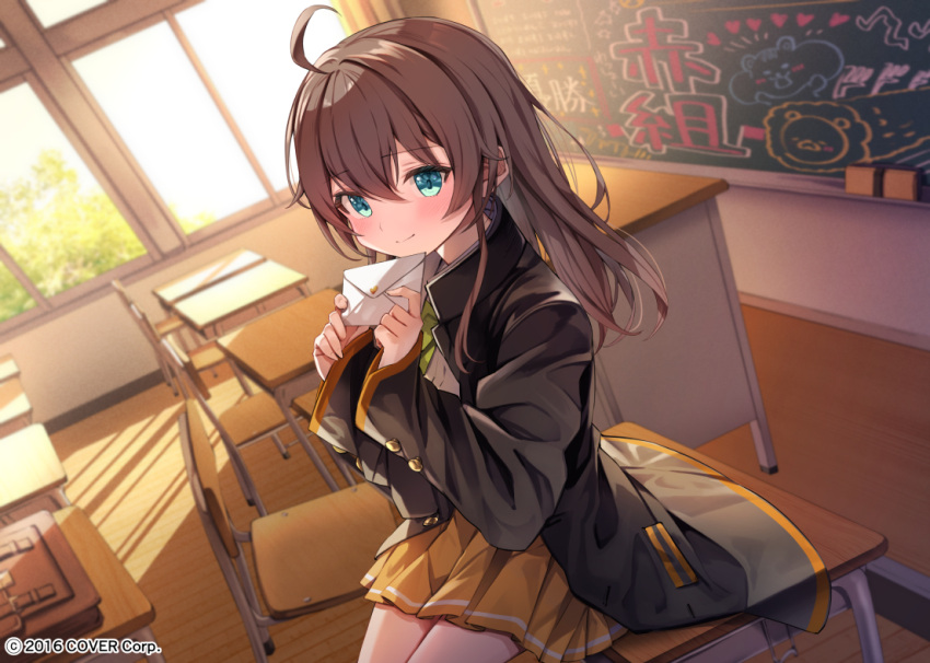 1girl ahoge alternate_costume aqua_eyes black_jacket blush brown_hair chair chalkboard classroom closed_mouth commentary_request company_name desk hair_between_eyes holding holding_letter hololive indoors jacket letter long_hair long_sleeves looking_at_viewer natsuiro_matsuri official_art on_desk orange_skirt pleated_skirt school_chair school_desk school_uniform skirt smile solo summer_tail720 virtual_youtuber