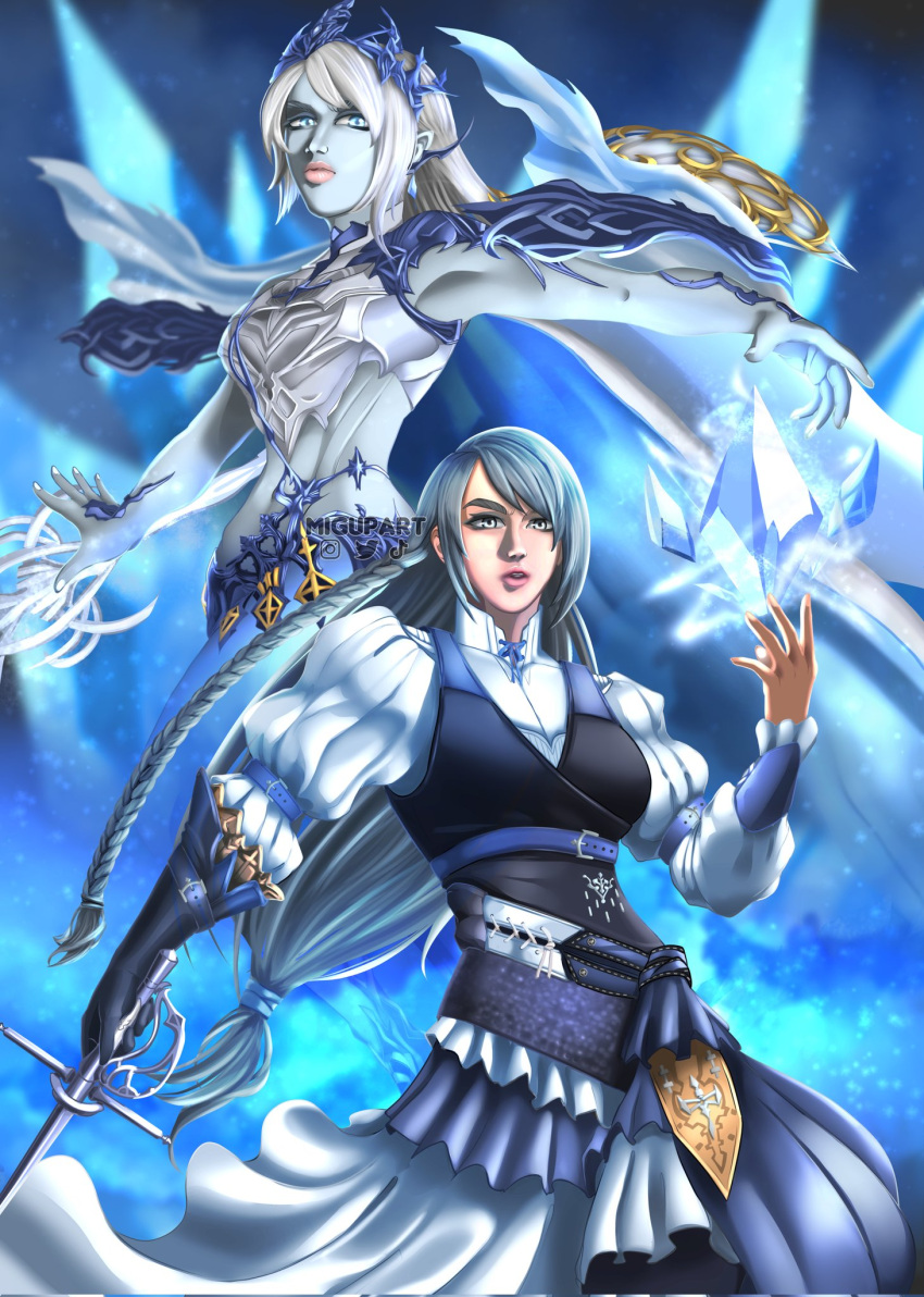 1girl bare_arms blue_eyes blue_skin blue_theme blue_vest braid casting_spell colored_skin dress final_fantasy final_fantasy_xvi forehead_jewel gloves grey_hair highres ice ice_crystal jill_warrick long_braid long_hair low-tied_long_hair magic midriff migupart open_mouth pointy_ears rapier serious shiva_(final_fantasy) side_braid single_braid square_enix sword vest weapon white_dress