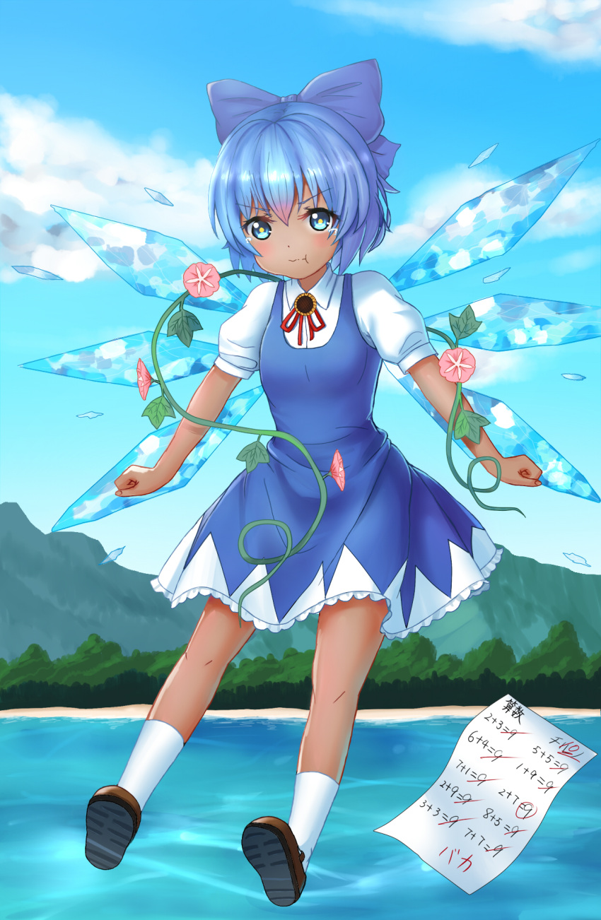 1girl blue_bow blue_dress blue_hair blue_sky bow brown_footwear cirno collared_shirt dress eyelashes flower frilled_dress frills hair_bow highres ice ice_wings leaf math melt_(meltdkh) misty_lake paper pink_flower plant puffy_cheeks red_ribbon ribbon shirt short_hair sky socks solo sunflower tanned_cirno tears touhou translation_request vines white_shirt white_socks wings