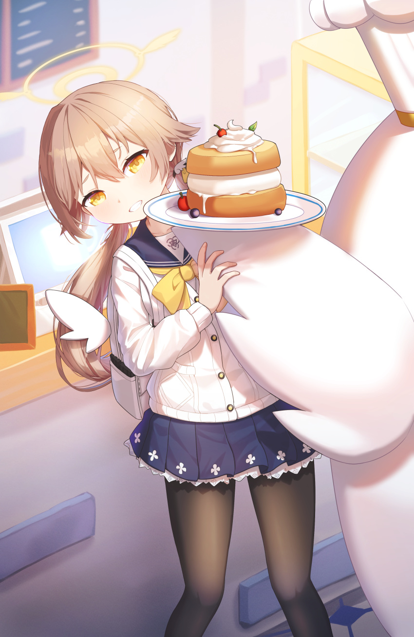 1girl 1other :d absurdres backpack bag black_pantyhose blue_archive blurry brown_hair cake chef_hat collarbone commentary_request depth_of_field food hair_between_eyes hair_ribbon halo hat head_tilt hifumi_(blue_archive) highres holding holding_plate indoors long_hair long_sleeves looking_at_viewer low_twintails pantyhose patissier peroro_(blue_archive) plate ribbon school_uniform serafuku shop sidelocks smile sponge_cake twintails wing_hair_ornament wjddn yellow_eyes
