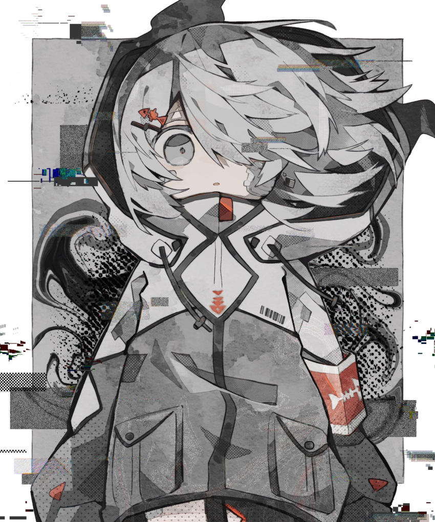 1girl abstract_background armband arms_at_sides bandaid bandaid_on_cheek bandaid_on_face border cowboy_shot fish_hair_ornament gauze glitch grey_background grey_hair grey_jacket grey_theme hair_ornament hair_over_one_eye hairclip highres hood hood_up hooded_jacket jacket limited_palette long_sleeves looking_at_viewer medium_hair one_eye_covered original outside_border parted_lips pocket solo soresaki straight-on white_border wind
