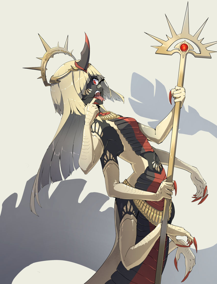 1girl absurdres black_skin blonde_hair breasts claws colored_skin extra_arms facial_mark fangs forked_tongue highres holding holding_staff horns juniper_(artist) lamia long_hair looking_at_viewer monster_girl navel original red_eyes scales simple_background single_horn small_breasts solo staff tiara tongue