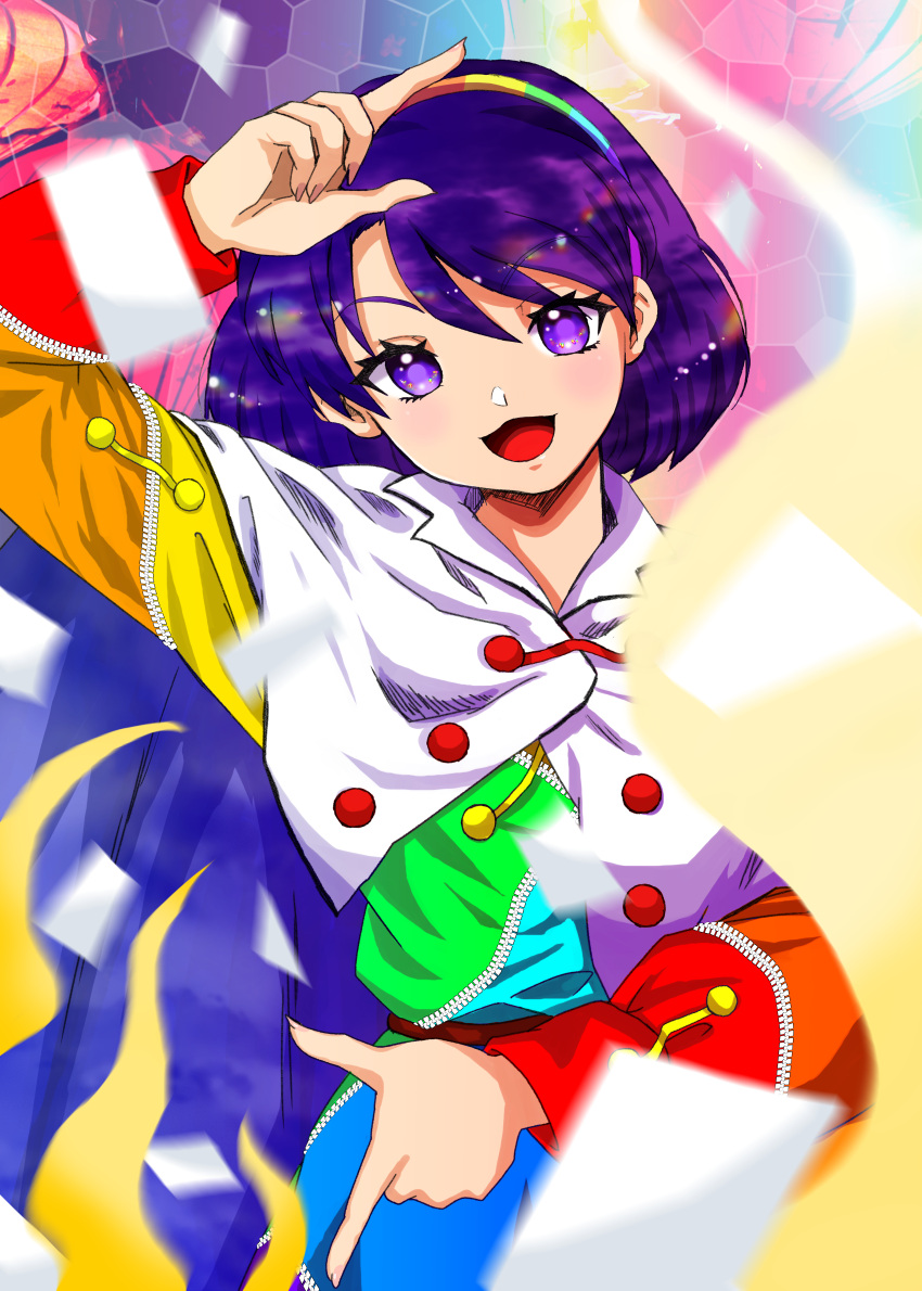 1girl absurdres blue_hair cape card dress hairband highres impossible_clothes long_sleeves looking_at_viewer monodoku multicolored_background multicolored_clothes multicolored_dress multicolored_hairband open_mouth pointing short_hair solo swept_bangs tenkyuu_chimata touhou upper_body violet_eyes white_cape zipper