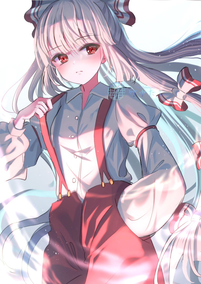1girl bow buttons fujiwara_no_mokou hair_bow hand_in_pocket highres long_hair looking_to_the_side overalls red_eyes red_overalls serious shirt solo takenaka_takeshi touhou very_long_hair watermark white_background white_bow white_hair white_shirt