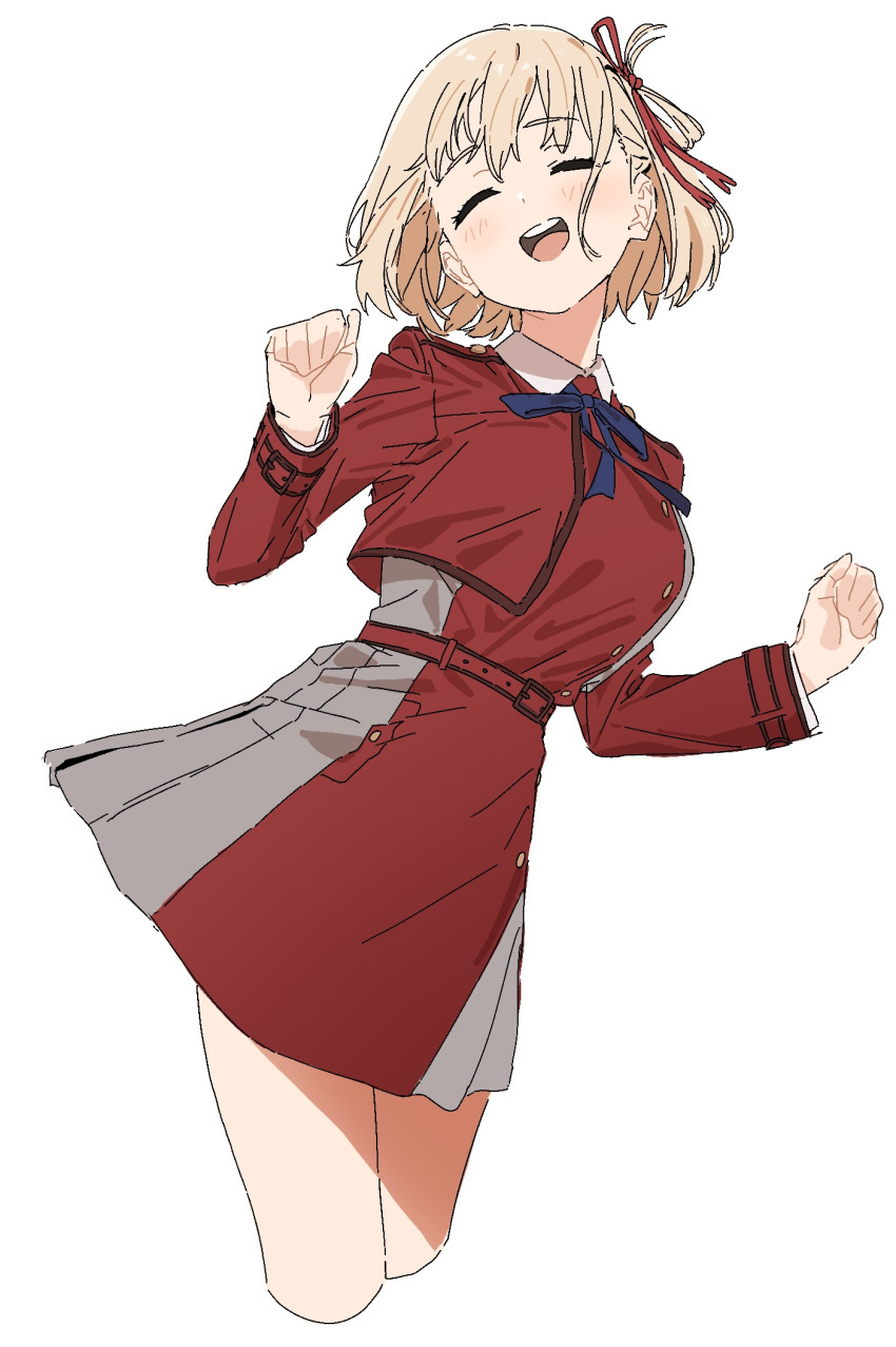 1girl :d belt blonde_hair blue_bow blue_bowtie bow bowtie breasts buckle buttons clenched_hand closed_eyes collared_dress commentary_request cropped_legs dress facing_viewer hair_ribbon happy highres kona_ming large_breasts lycoris_recoil lycoris_uniform nishikigi_chisato one_side_up open_mouth red_belt red_dress red_ribbon ribbon short_hair simple_background sketch smile solo teeth two-tone_dress upper_teeth_only white_background