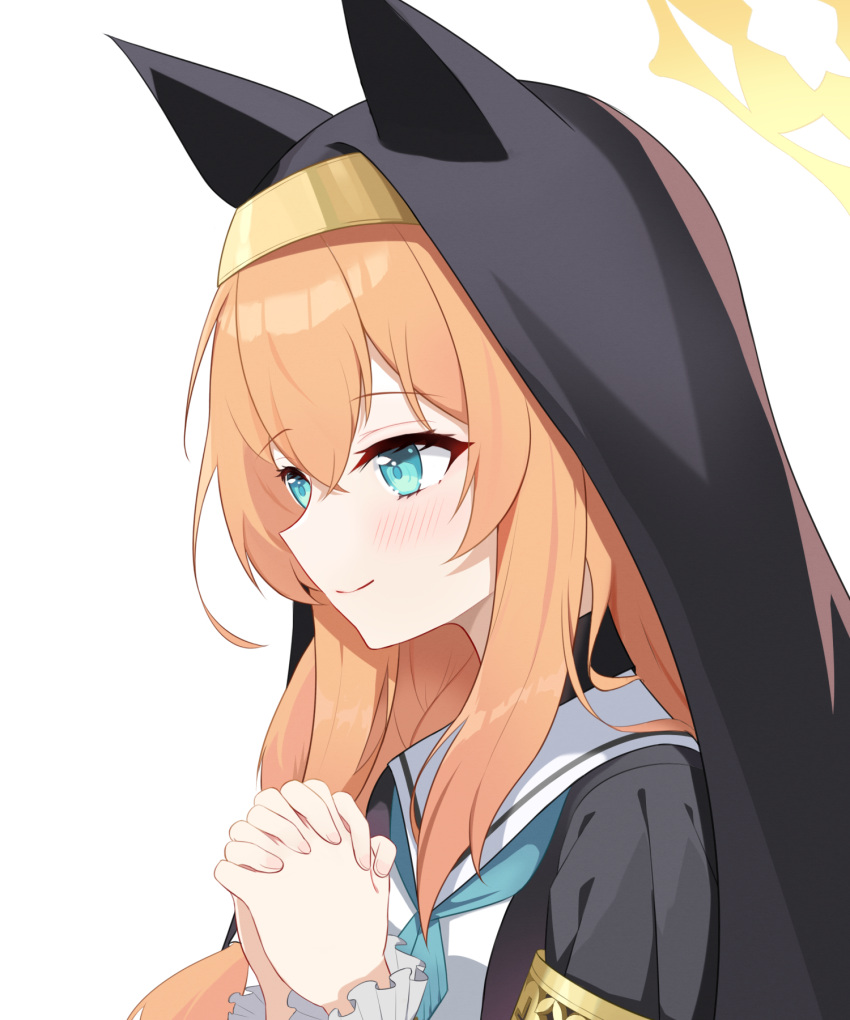 1girl animal_ears armlet blue_archive blue_eyes blush cat_ears cat_girl commentary_request exusiai_dust facing_away from_side habit hair_between_eyes highres interlocked_fingers long_hair long_sleeves mari_(blue_archive) nun orange_hair own_hands_clasped own_hands_together praying school_uniform serafuku sidelocks simple_background smile solo white_background