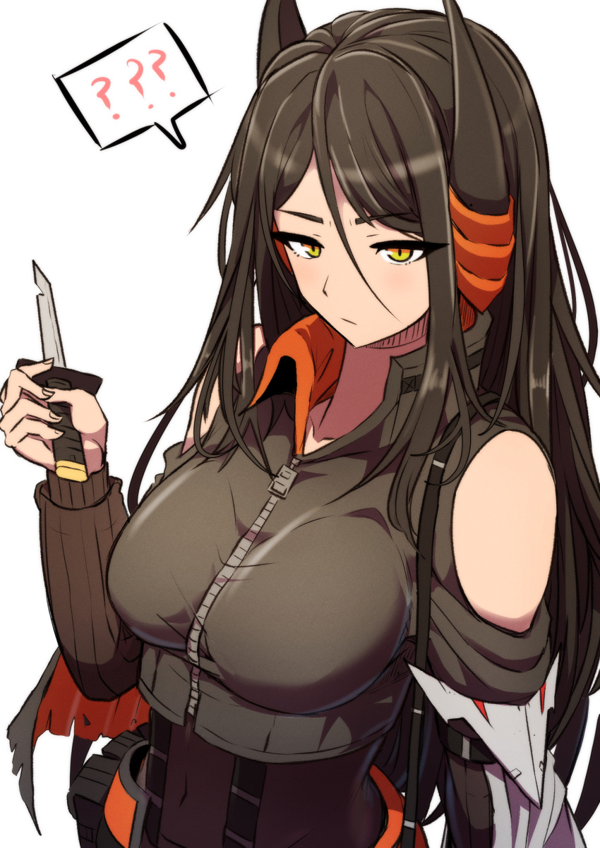 1girl ? ammunition_belt arknights black_hair black_jacket bodystocking breasts closed_mouth clothing_cutout commentary covered_navel cropped_jacket demon_horns english_commentary glaring hair_between_eyes highres holding holding_knife horns ines_(arknights) jacket knife long_hair looking_at_viewer medium_breasts parted_bangs ribbed_sleeves samacho shoulder_cutout simple_background solo spoken_question_mark upper_body white_background wing_collar yellow_eyes zipper zipper_pull_tab