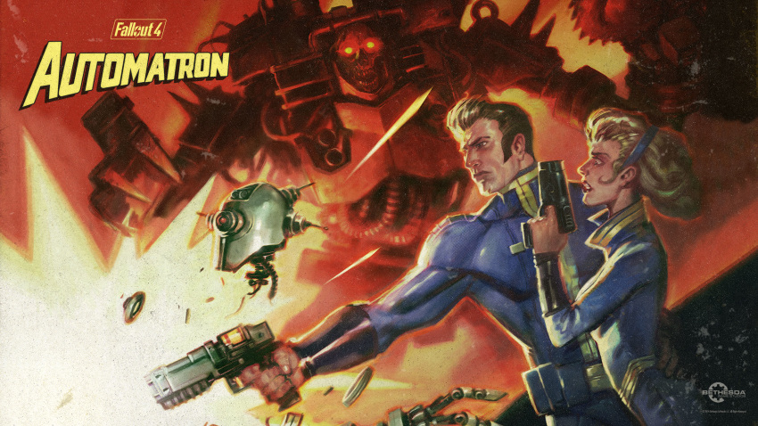 1boy 1girl 1other blonde_hair blue_jumpsuit company_logo company_name copyright_name english_text fallout_(series) fallout_4 from_side glowing glowing_eyes gun highres holding holding_gun holding_weapon jumpsuit key_visual official_art promotional_art red_eyes robot short_hair upper_body watermark weapon