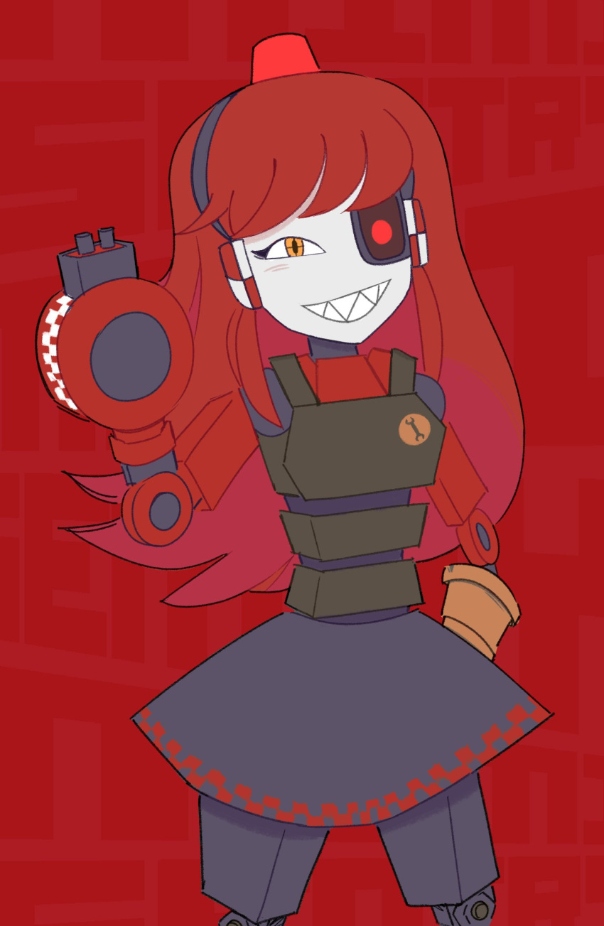 1girl alarm_siren arm_cannon black_dress borrowed_character character_name checkered_trim commentary cowboy_shot crosshair_pupils dress english_commentary grin hand_up heterochromia highres joints le0ro long_hair looking_at_viewer mimi-sentry original personification red_background red_eyes redhead robot robot_girl robot_joints sharp_teeth simple_background smile solo team_fortress_2 teeth weapon wrench yellow_eyes