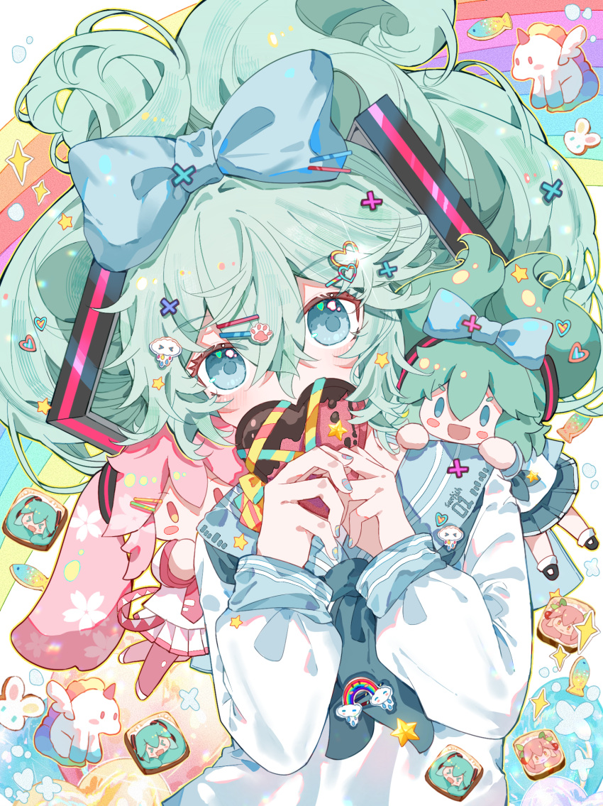 3girls :d aqua_hair blue_bow blue_eyes blue_nails blue_neckerchief blue_skirt bow box character_print cherry_blossom_print chibi cinnamiku cloud_hair_ornament colorful covered_mouth crossed_bangs fish floral_print gift gift_box glint hair_bow hair_ornament hairclip hands_up hatsune_miku heart heart-shaped_box heart_hair_ornament highres holding holding_gift jacket long_hair long_sleeves looking_at_viewer medium_hair mini_person minigirl multicolored_background multiple_girls nail_polish neckerchief necktie open_mouth pastel_colors person_on_shoulder pink_eyes pink_hair pink_necktie pink_skirt rainbow sailor_collar school_uniform serafuku size_difference skirt smile sparkle star_(symbol) star_hair_ornament sticker sunfish14980 twintails updo upper_body vocaloid white_jacket x_hair_ornament yume_kawaii