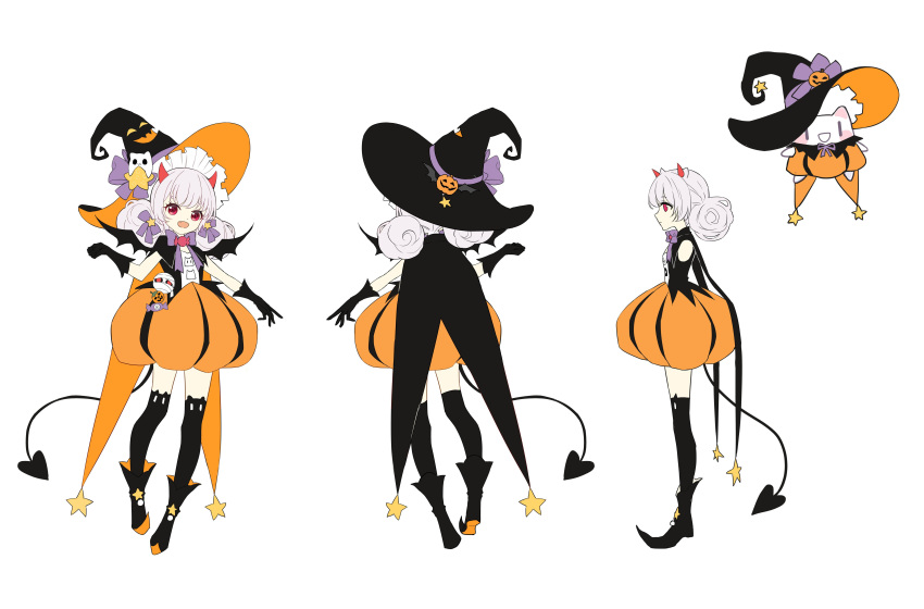 :d absurdres animal_ear_legwear ankle_boots bat_wings bcy black_cape black_footwear black_gloves black_headwear black_shirt black_thighhighs boots bow cape cat_ear_legwear cat_hat_ornament demon_horns demon_tail fang gloves hair_bow halloween_costume hand_up hat hat_bow highres horns huhu medium_hair miniskirt multiple_views pointy_footwear pumpkin_hat_ornament pumpkin_skirt purple_bow red_eyes reference_sheet ruan_miemie shirt skirt sleeveless sleeveless_shirt smile standing star_ornament tail thigh-highs turnaround white_background white_hair wings witch_hat xialuo_yingling