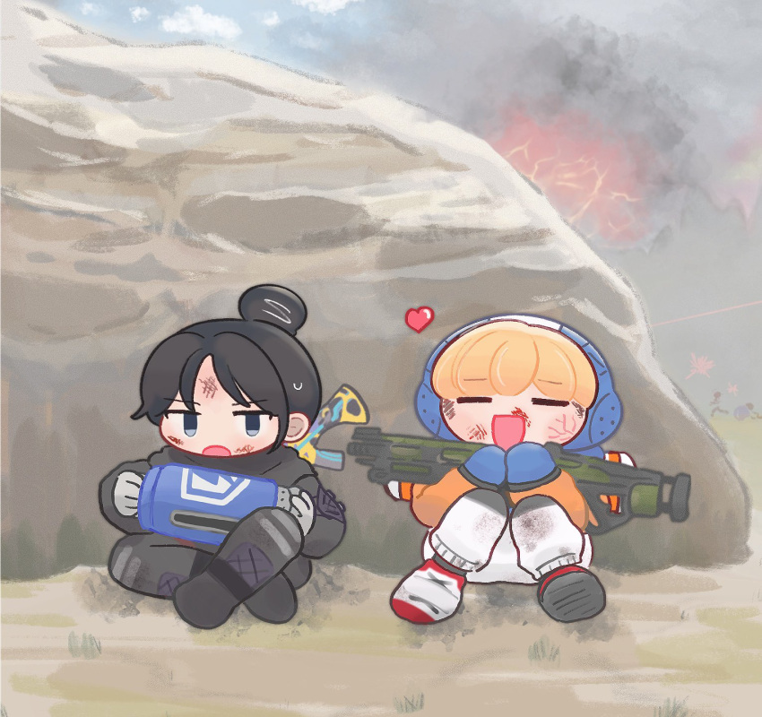 2girls =_= animification apex_legends assault_rifle black_eyes black_footwear black_hair blonde_hair blood blood_on_face blue_gloves bodysuit bruise bruise_on_face chibi energy_gun fire gloves gun hair_bun heart highres holding holding_gun holding_weapon hood hood_up indian_style injury jacket looking_to_the_side multiple_girls open_mouth orange_jacket rifle scar scar_on_face shotgun single_hair_bun sitting smile smoke wattson_(apex_legends) weapon weapon_on_back white_bodysuit white_footwear wraith_(apex_legends) yj_(yyjjbbmm)