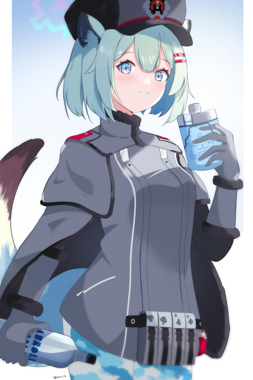 1girl absurdres alcohol animal_ear_fluff animal_ears blue_archive blue_eyes bottle camouflage camouflage_pants cape closed_mouth flask gloves gradient_eyes grey_cape grey_gloves grey_headwear grey_jacket hair_ornament hairclip halo highres holding holding_bottle holding_flask jacket light_green_hair looking_at_viewer multicolored_eyes pants scio_12 shigure_(blue_archive) smile solo standing tail violet_eyes vodka weasel_ears weasel_girl weasel_tail