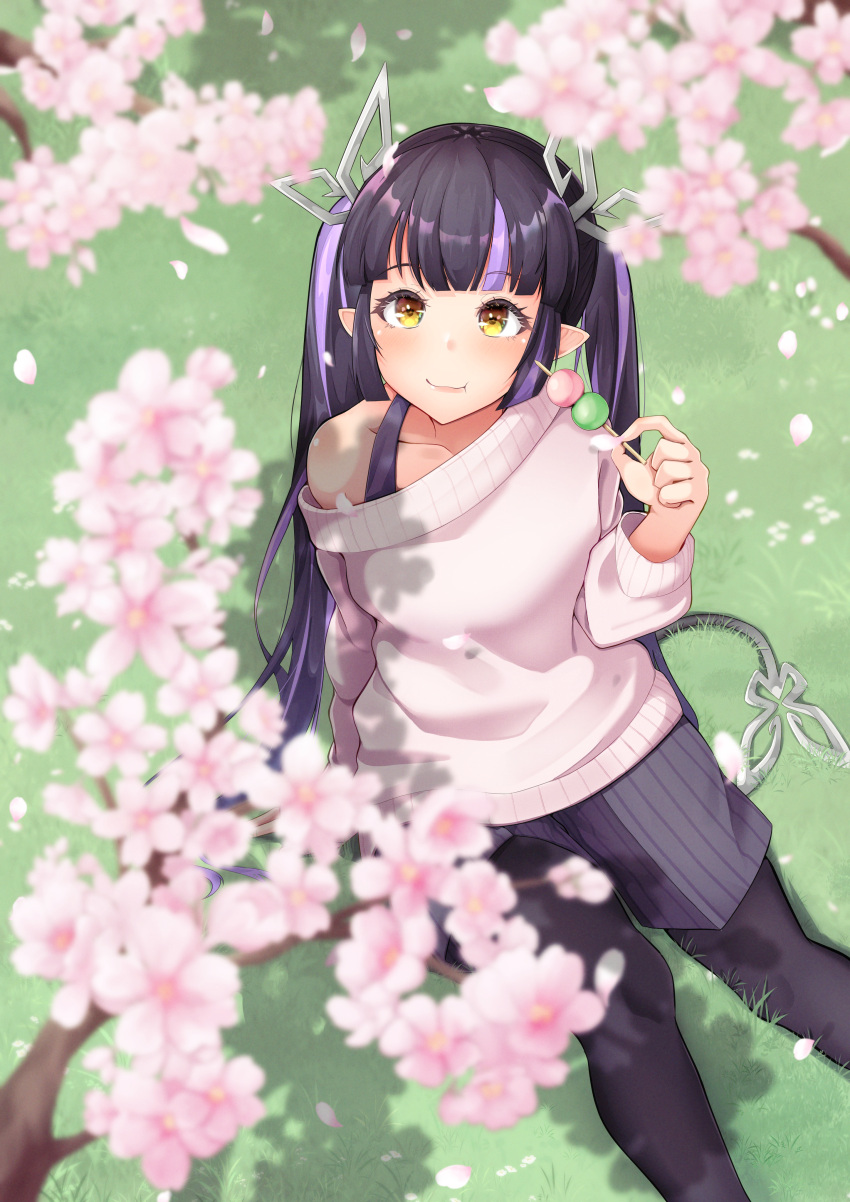 1girl :t absurdres alternate_costume black_hair black_pantyhose black_skirt black_tank_top blunt_bangs blush breasts closed_mouth commentary_request dango demon_girl demon_horns demon_tail eating feet_out_of_frame flower food grass hanami highres holding holding_food horns kojo_anna long_hair long_sleeves medium_breasts multicolored_hair nanashi_inc. on_ground pantyhose pink_flower pink_sweater pointy_ears purple_hair robou_no_stone sanshoku_dango single_bare_shoulder sitting skirt smile solo sweater tail tank_top twintails two-tone_hair virtual_youtuber wagashi yellow_eyes