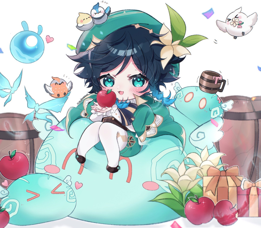 &gt;_&lt; +++ 1boy :d ^_^ amimia_zaxtuta animal_on_head apple aqua_eyes artist_name barrel beer_mug beret bird bird_on_head bitten_apple black_hair blue_hair blush box braid brown_corset brown_footwear buttons cape capelet chibi closed_eyes collared_capelet commentary_request confetti corset crystalfly_(genshin_impact) cup eyelashes flower food food_bite food_on_head frilled_sleeves frills fruit genshin_impact gift gift_box gradient_hair green_cape green_capelet green_headwear green_shorts hair_between_eyes hair_flower hair_ornament hands_up hat heart highres holding holding_food holding_fruit leaf long_sleeves medium_hair mug multicolored_hair object_on_head on_head open_mouth pantyhose puffy_shorts seelie_(genshin_impact) shirt shoes shorts side_braids sidelocks simple_background sitting slime_(genshin_impact) smile sparkle twin_braids venti_(genshin_impact) white_background white_flower white_pantyhose white_shirt wings