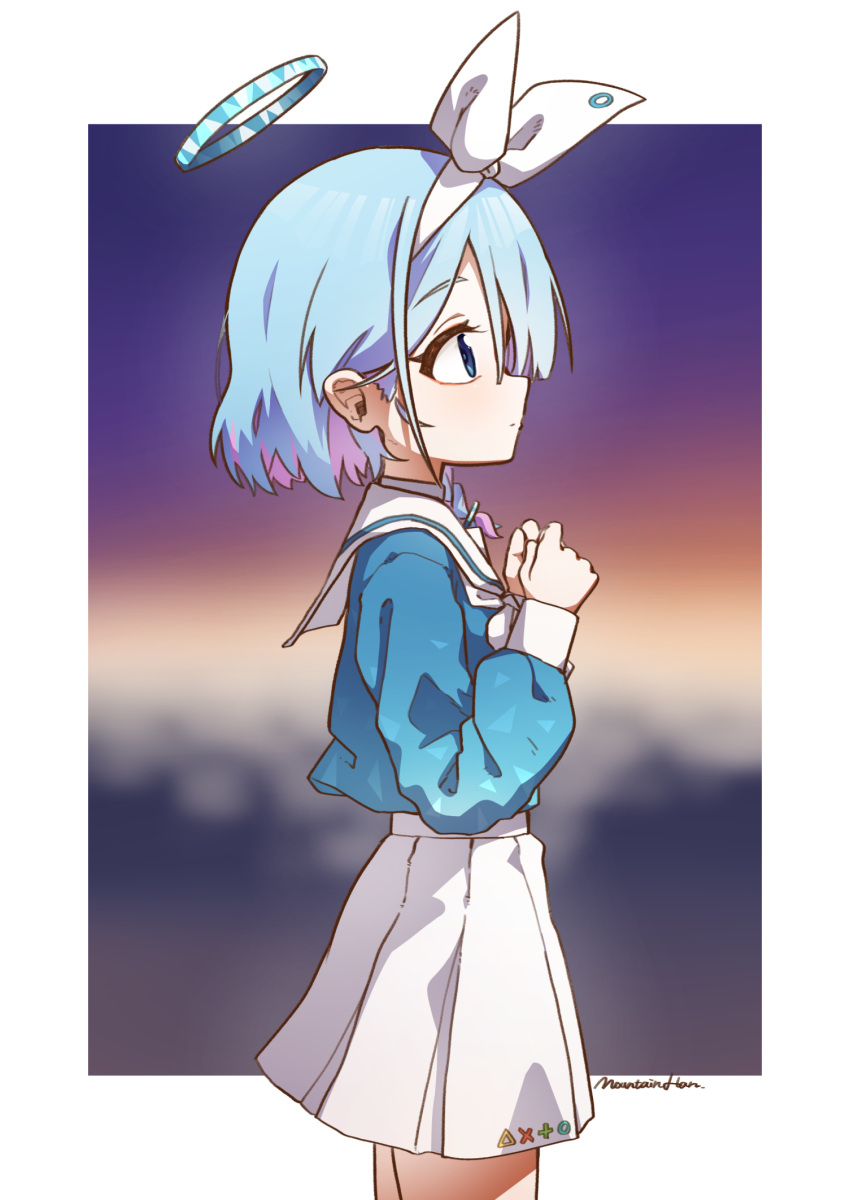 1girl arona_(blue_archive) artist_name blue_archive blue_eyes blue_hair blue_halo blue_shirt blurry blurry_background closed_mouth colored_inner_hair commentary_request hairband halo highres long_sleeves mountain_han multicolored_hair pink_hair profile school_uniform shirt short_hair skirt solo white_hairband white_skirt