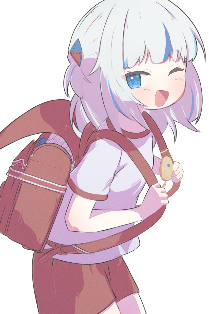 1girl :d backpack bag blue_eyes blue_hair blush commentary_request cowboy_shot crime_prevention_buzzer fang gawr_gura gym_shirt gym_shorts gym_uniform hair_ornament highres hololive hololive_english inaririn looking_at_viewer medium_hair multicolored_hair one_eye_closed open_mouth randoseru red_bag red_shorts shark_hair_ornament shirt short_shorts short_sleeves shorts simple_background smile solo streaked_hair t-shirt two_side_up virtual_youtuber white_background white_hair white_shirt
