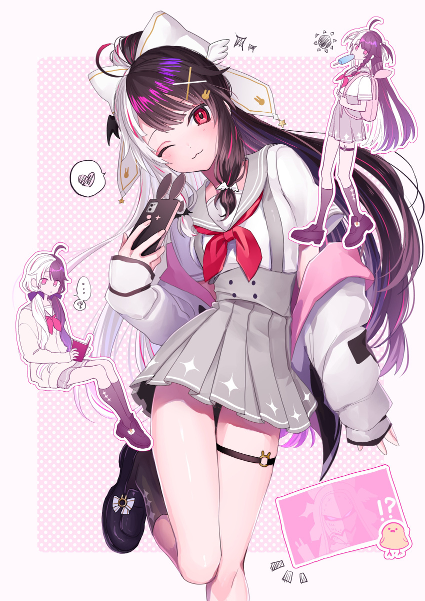 ... 1girl :3 ? absurdres ahoge backpack bag black_hair black_ribbon black_socks blush book cardigan chichikakao_puppy closed_mouth english_commentary eyeshadow food food_in_mouth full_body grey_sailor_collar grey_skirt hair_ornament hair_ribbon hairclip head_tilt heart highres holding holding_book holding_phone loafers long_hair long_sleeves looking_at_viewer low_twintails makeup multicolored_hair multiple_views narrow_waist neckerchief nijisanji o-ring o-ring_thigh_strap one_eye_closed phone pink_eyeshadow pleated_skirt ponytail popsicle popsicle_in_mouth rabbit_hair_ornament reading red_eyes red_neckerchief ribbon sailor_collar school_uniform serafuku shirt shoes simple_background sitting skindentation skirt smartphone_case smile socks speech_bubble split-color_hair standing streaked_hair thigh_gap thigh_strap thighs twintails two-tone_hair two_side_up very_long_hair virtual_youtuber walking white_background white_hair white_ribbon white_shirt x_hair_ornament yorumi_rena yorumi_rena_(9th_costume)