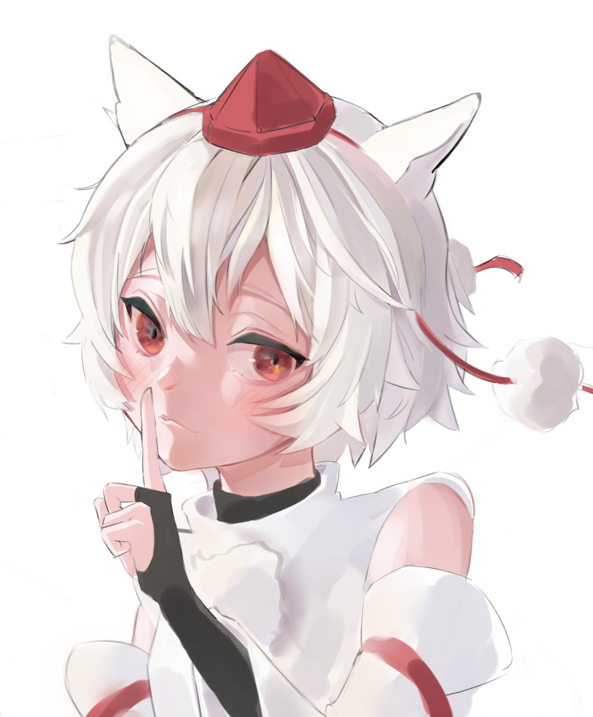 1girl animal_ears azov bare_shoulders black_gloves closed_mouth fingerless_gloves gloves hat highres index_finger_raised inubashiri_momiji looking_at_viewer pom_pom_(clothes) red_eyes ribbon-trimmed_sleeves ribbon_trim shirt short_hair simple_background solo tokin_hat touhou upper_body white_background white_hair white_shirt white_sleeves wolf_ears wolf_girl