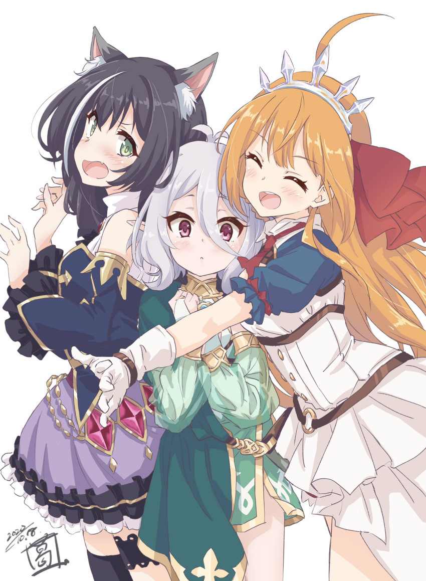 3girls :o ahoge animal_ear_fluff animal_ears antenna_hair artist_logo black_hair blush bodice breasts cat_ears closed_eyes dated detached_sleeves dress gloves green_dress green_eyes grey_hair hair_between_eyes highres hug karyl_(princess_connect!) kokkoro_(princess_connect!) long_hair long_sleeves looking_at_another looking_at_viewer multicolored_hair multiple_girls necktie open_mouth orange_hair pecorine_(princess_connect!) pointy_ears princess_connect! purple_skirt red_necktie see-through see-through_sleeves sekiya_kuzuyu short_hair sidelocks simple_background skirt small_breasts smile streaked_hair tiara white_background white_dress white_gloves