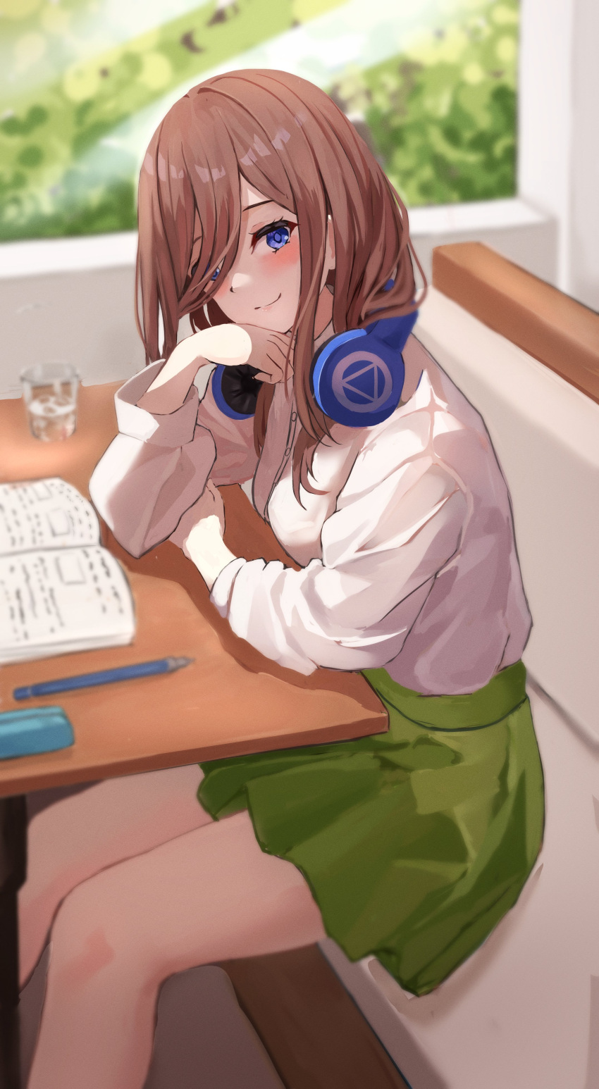 1girl absurdres blue_eyes blush bly book brown_hair cafe closed_mouth commentary_request day dress_shirt elbows_on_table eyebrows_hidden_by_hair eyelashes feet_out_of_frame glass go-toubun_no_hanayome green_skirt hair_between_eyes hair_over_one_eye hand_on_own_chin hand_up head_tilt headphones headphones_around_neck highres indoors long_hair long_sleeves looking_at_viewer miniskirt nakano_miku open_book pen pleated_skirt raikun_raikun school_uniform shirt sitting skirt smile solo white_shirt