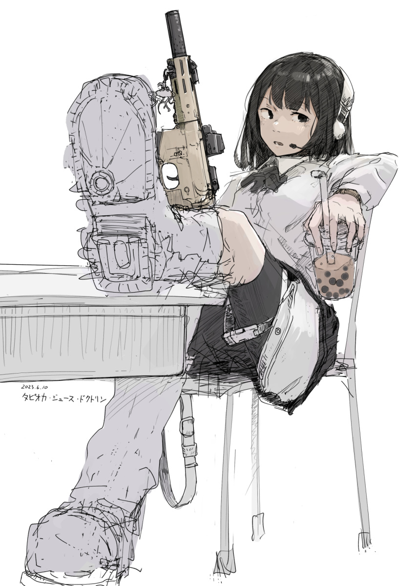1girl black_eyes black_hair black_shorts black_skirt bubble_tea character_request collared_shirt copyright_request dated desk drinking_straw feet_on_table food gun headphones highres holding holding_food holding_gun holding_weapon kappa_modoki long_sleeves medium_hair microphone school_desk shirt shorts skirt studio_microphone translation_request weapon white_background white_shirt