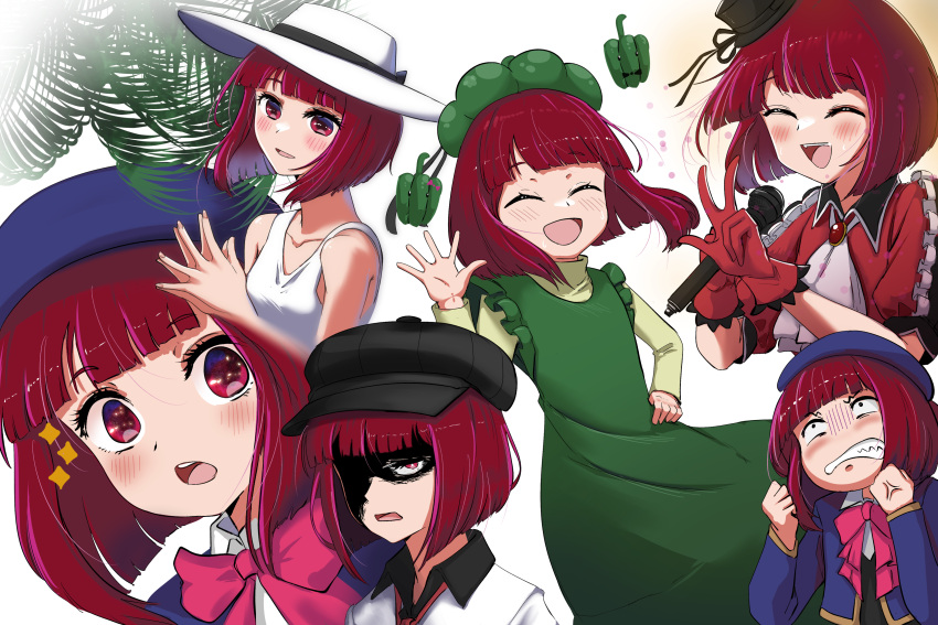 1girl absurdres arima_kana ascot bell_pepper beret black_headwear black_vest blue_headwear blue_jacket bob_cut bow bowtie cabbie_hat closed_eyes collared_shirt cropped_jacket dress gloves green_dress haonfest hat highres holding holding_microphone inverted_bob jacket microphone multiple_views open_mouth oshi_no_ko palm_tree pink_bow pink_bowtie red_eyes red_gloves redhead shirt sleeveless sleeveless_dress sun_hat sundress teeth tree upper_teeth_only vest white_ascot white_dress white_headwear