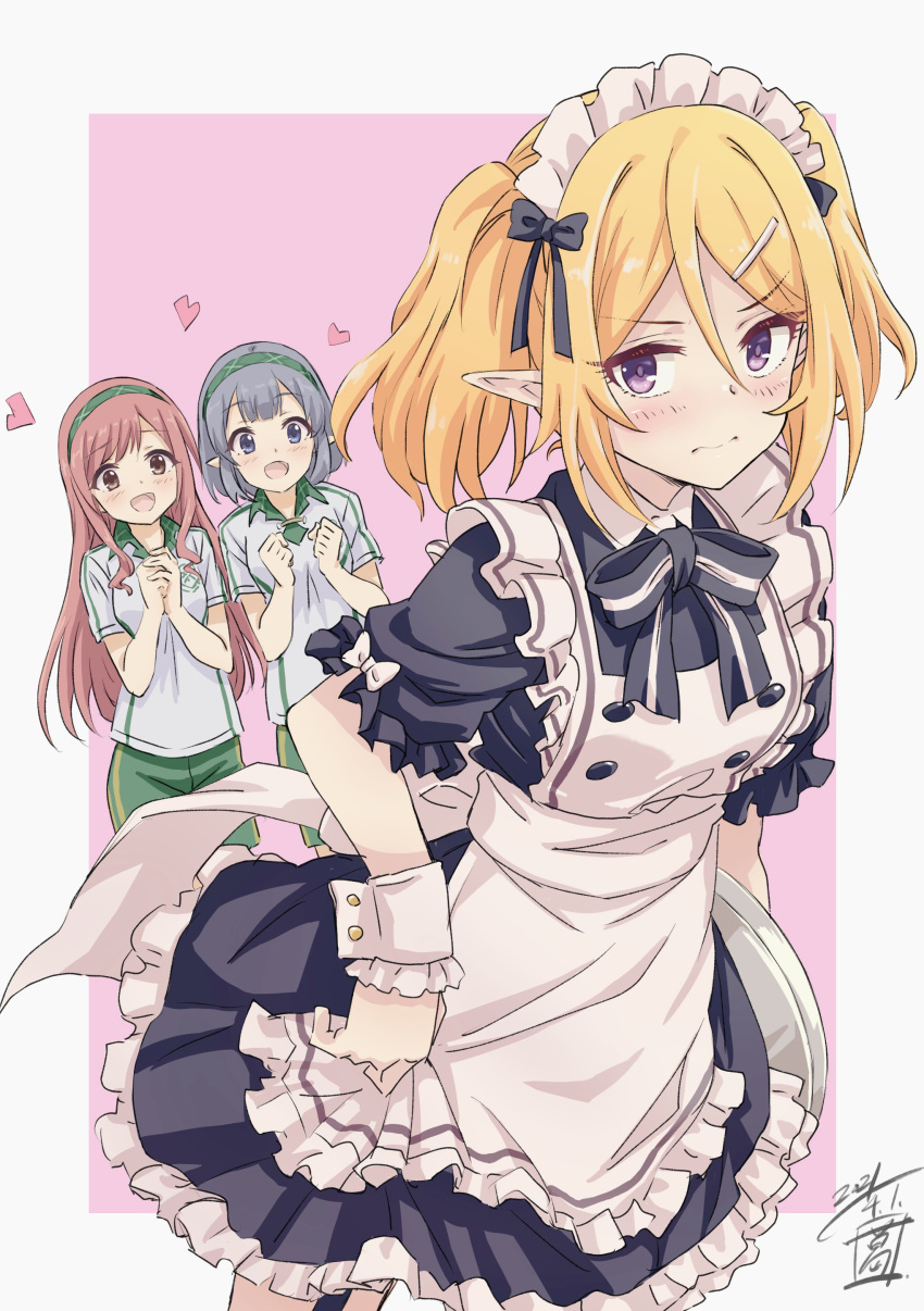 3girls absurdres apron artist_logo black_dress blonde_hair blush bow bowtie character_request chloe_(princess_connect!) clenched_hands collared_dress dated dress frown garter_straps green_shorts hair_between_eyes hair_ornament hairband hairclip heart highres holding holding_tray long_hair looking_at_viewer maid maid_apron maid_headdress multiple_girls pointy_ears princess_connect! sekiya_kuzuyu shirt short_hair short_sleeves shorts sidelocks solo_focus tray twintails violet_eyes white_shirt wrist_cuffs
