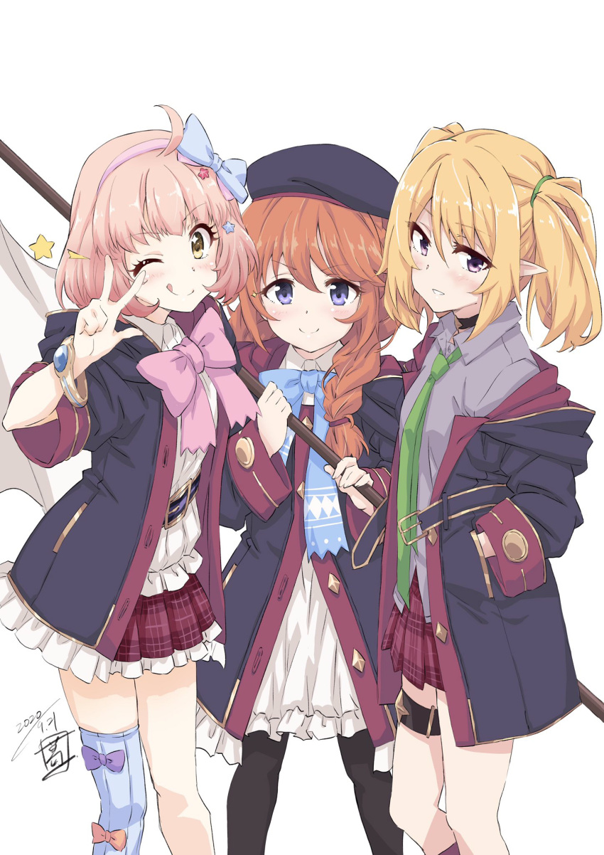 3girls ahoge artist_logo bangle belt beret black_coat black_headwear black_pantyhose blonde_hair blue_eyes blush bow bow_hairband bowtie bracelet braid chieru_(princess_connect!) chloe_(princess_connect!) choker closed_mouth coat collared_shirt dated feet_out_of_frame flag flat_chest green_necktie grey_shirt hair_ornament hairband hand_in_pocket hand_up hat highres holding holding_flag jewelry long_hair long_sleeves looking_at_viewer miniskirt multiple_girls necktie off_shoulder one_eye_closed open_clothes open_coat orange_hair pantyhose pink_hair pointy_ears princess_connect! red_skirt sekiya_kuzuyu shirt short_hair sidelocks simple_background single_thighhigh skirt smile split_mouth standing star_(symbol) star_hair_ornament star_in_eye symbol_in_eye thigh-highs thigh_strap tongue tongue_out twin_braids twintails v violet_eyes white_background white_shirt white_skirt yellow_eyes yuni_(princess_connect!)