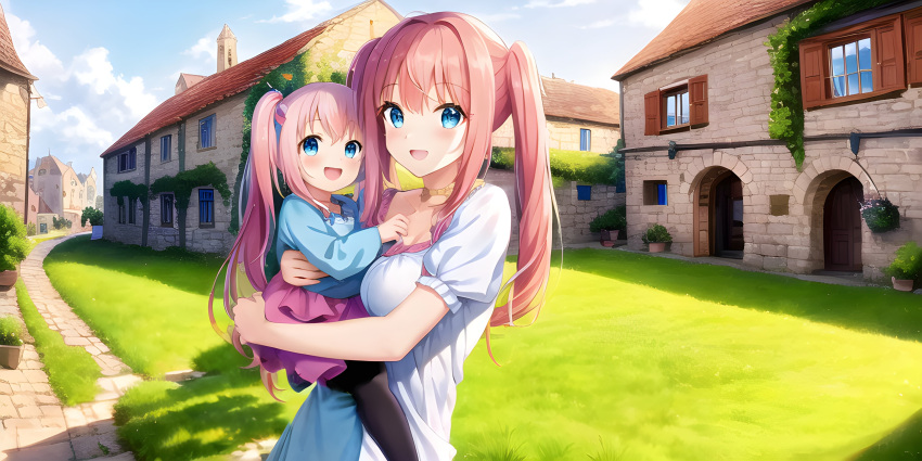 2girls :d architecture awwesomeai bangs blue_dress blue_eyes blue_sky blush brick_wall bridge building bush clock_tower clouds cloudy_sky collarbone day dress garden gate grass house hug long_hair looking_at_viewer milim_nava mother_and_daughter multiple_girls open_mouth outdoors path pink_hair puffy_short_sleeves scenery short_sleeves sky smile tensei_shitara_slime_datta_ken town twintails