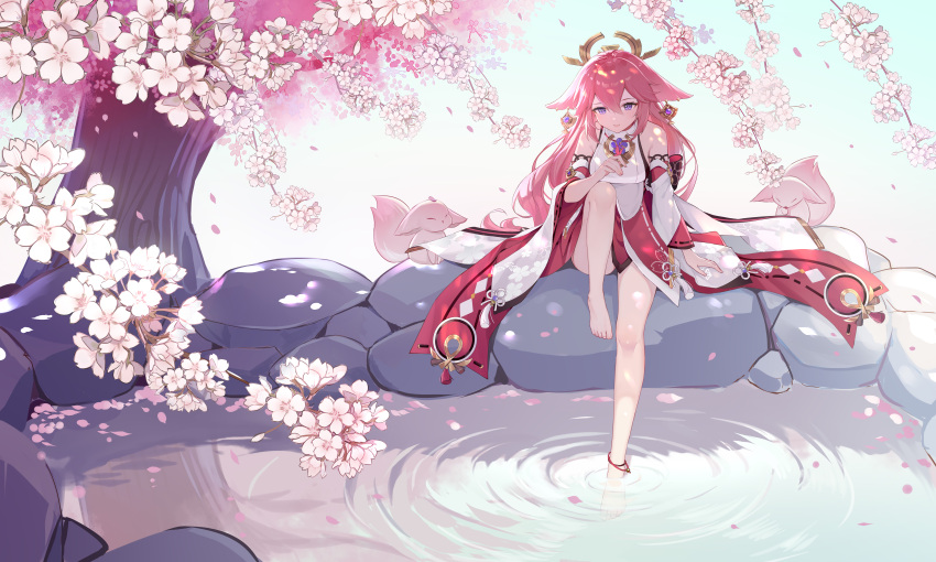 1girl absurdres animal_ears anklet barefoot blush branch breasts cherry_blossoms closed_mouth commentary_request detached_sleeves earrings eyelashes eyeshadow falling_petals feet floppy_ears floral_print flower fox fox_ears genshin_impact hair_between_eyes hand_up headpiece highres japanese_clothes jewelry knee_up long_hair long_sleeves looking_at_viewer low-tied_long_hair makeup medium_breasts morimori_(14292311) nontraditional_miko pelvic_curtain petals petals_on_liquid pink_flower pink_hair red_eyeshadow ribbon-trimmed_sleeves ribbon_trim rock sakuramon shirt sidelocks sitting sleeveless sleeveless_shirt smile soaking_feet solo tassel toes tree very_long_hair violet_eyes vision_(genshin_impact) water white_shirt white_sleeves wide_sleeves yae_miko