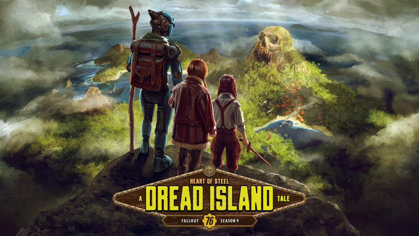 1boy 1girl 1other brown_pants clouds company_name copyright_name english_text facing_away fallout_(series) fallout_76 highres holding holding_stick holding_sword holding_weapon jacket logo official_art orange_hair outdoors pants red_jacket robot rock shipwreck shirt skull stick sword tree water weapon white_shirt wooden_sword