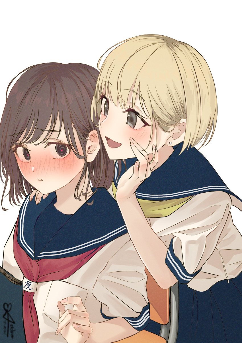 2girls :d @_@ absurdres arisugawa_bii black_eyes blonde_hair blue_sailor_collar blue_skirt blush book brown_hair chair commentary_request ear_blush earrings hand_on_another's_shoulder heart heart-shaped_pupils highres jewelry looking_at_another medium_hair multiple_girls neckerchief nose_blush open_mouth original parted_lips pleated_skirt red_neckerchief sailor_collar school_chair shirt short_hair short_sleeves simple_background skirt smile stud_earrings symbol-shaped_pupils upper_body whispering_in_ear white_background white_shirt yellow_neckerchief