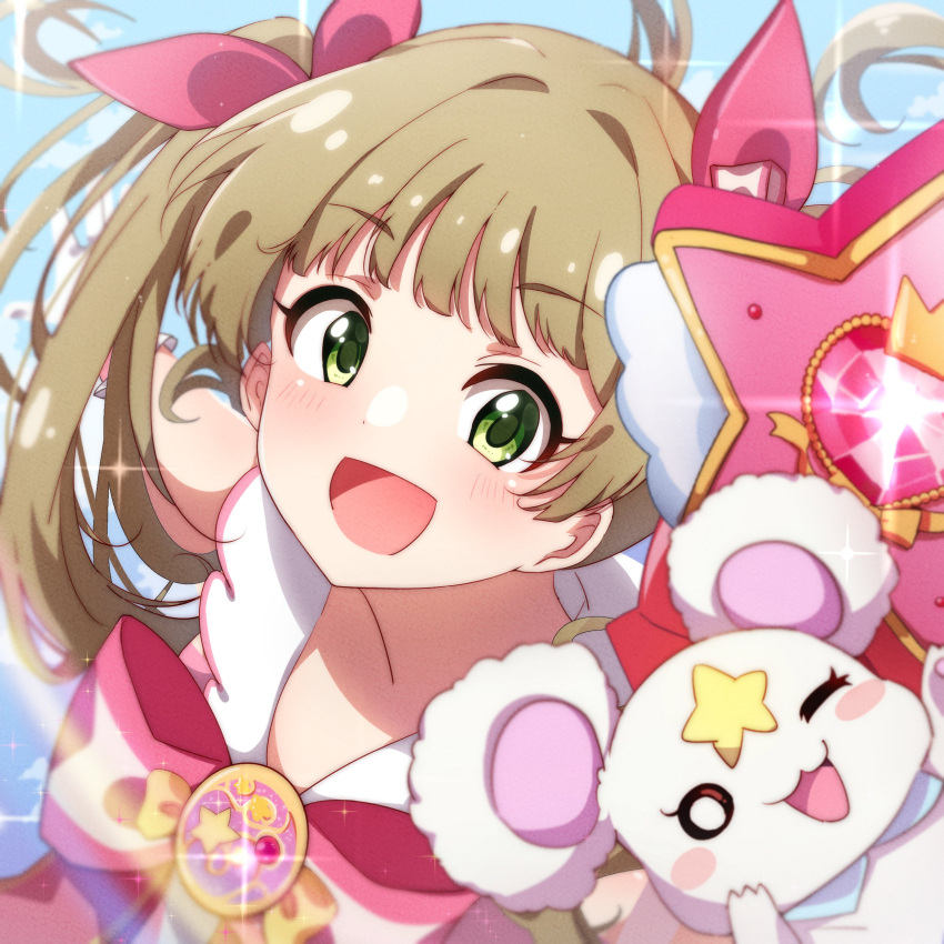 1girl 1other absurdres bare_shoulders blue_background blurry blush bow bowtie brooch brown_eyes brown_hair close-up dot_nose dress flat_chest glint gloves gradient_background hair_bow hair_ribbon highres holding holding_wand idolmaster idolmaster_cinderella_girls idolmaster_cinderella_girls_starlight_stage jewelry long_hair looking_at_viewer magical_girl open_mouth outstretched_arm rainbow_gradient red_bow red_bowtie red_ribbon reikakrzk ribbon sleeveless sleeveless_dress smile sparkle twintails wand white_gloves yokoyama_chika