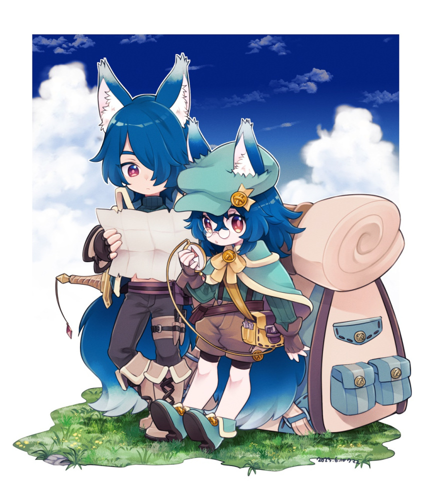 1boy 1girl animal_ears bag blue_hair boots cabbie_hat capelet day ears_through_headwear fingerless_gloves fox_boy fox_ears fox_girl fox_tail gloves grass hair_over_one_eye hat highres holding holding_compass holding_map holster kmy-3_(kumayu) long_hair map original outdoors pince-nez red_eyes shorts shoulder_bag sky suspenders sword tail thigh_holster weapon
