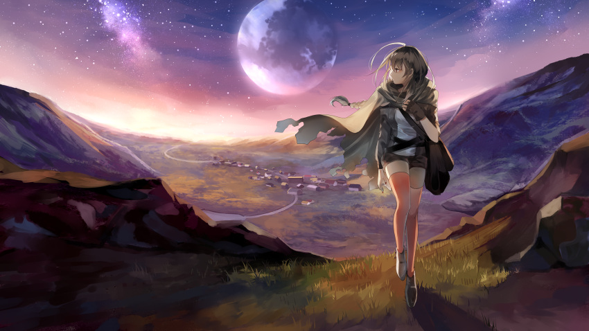 1girl absurdres asymmetrical_sleeves belt braid cloak dusk full_moon gloves highres long_hair moon mountain orange_thighhighs red_nails road scenery single_glove sky solo star_(sky) starry_sky tadatsu thigh-highs torn_cloak torn_clothes town vocaloid walking white_footwear yuezheng_ling