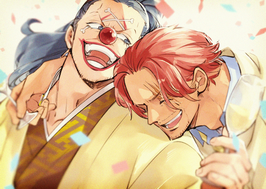 2boys abunaideka blue_eyes blue_hair buggy_the_clown closed_eyes clown clown_nose collarbone cup drinking_glass facepaint facial_hair formal highres holding holding_cup long_hair looking_at_another male_focus multiple_boys one_piece ponytail profile red_nose redhead scar scar_across_eye shanks_(one_piece) short_hair smile suit upper_body wine_glass