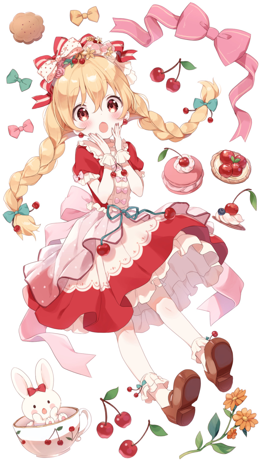 1girl animal back_bow blonde_hair blush bow braid brown_eyes buchi_(y0u0ri_) cherry cherry_hair_ornament cookie cup dress earrings flower food food-themed_hair_ornament frilled_sailor_collar frilled_sleeves frills fruit full_body hair_bow hair_ornament hair_ribbon hands_on_own_cheeks hands_on_own_face highres jewelry long_hair looking_at_viewer macaron nail_polish open_mouth original rabbit ribbon sailor_collar shoe_soles short_sleeves socks solo tart_(food) teacup twin_braids very_long_hair whipped_cream wrist_cuffs