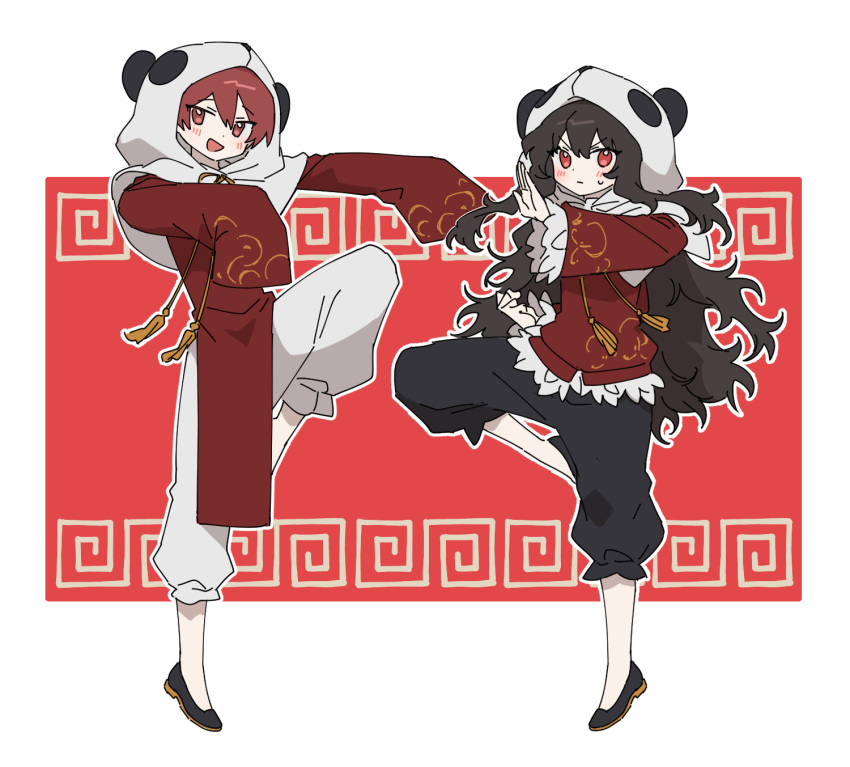 1boy 1girl animal_hood black_footwear black_pants blush brown_hair flats friedbirdchips full_body fur-trimmed_shirt fur-trimmed_sleeves fur_trim gold_trim highres hood library_of_ruina long_hair lowell_(library_of_ruina) open_mouth panda_hood pants pelvic_curtain project_moon red_eyes red_shirt redhead shirt sleeves_past_fingers sleeves_past_wrists smile standing standing_on_one_leg tassel very_long_hair white_background white_hood white_pants xiao_(library_of_ruina) yi_er_fan_club_(vocaloid)