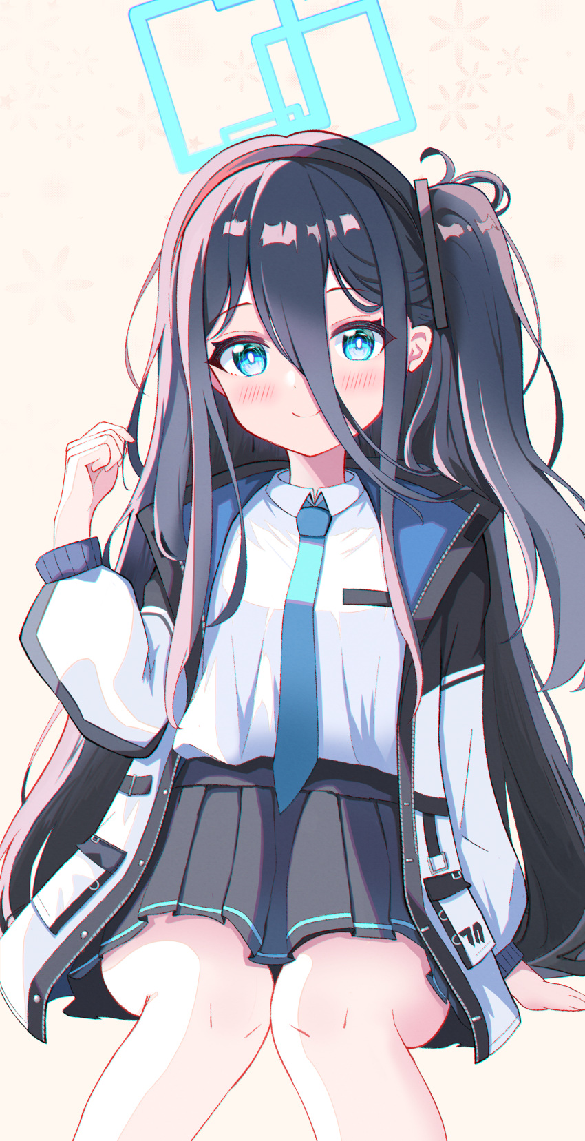 1girl absurdly_long_hair absurdres aris_(blue_archive) black_hair black_skirt blue_archive blue_eyes breast_pocket collared_shirt commentary_request exusiai_dust hair_between_eyes hairband halo highres jacket long_hair long_sleeves looking_at_viewer multicolored_clothes multicolored_jacket necktie one_side_up open_clothes open_jacket pleated_skirt pocket school_uniform shirt sidelocks simple_background sitting skirt smile solo two-tone_jacket very_long_hair