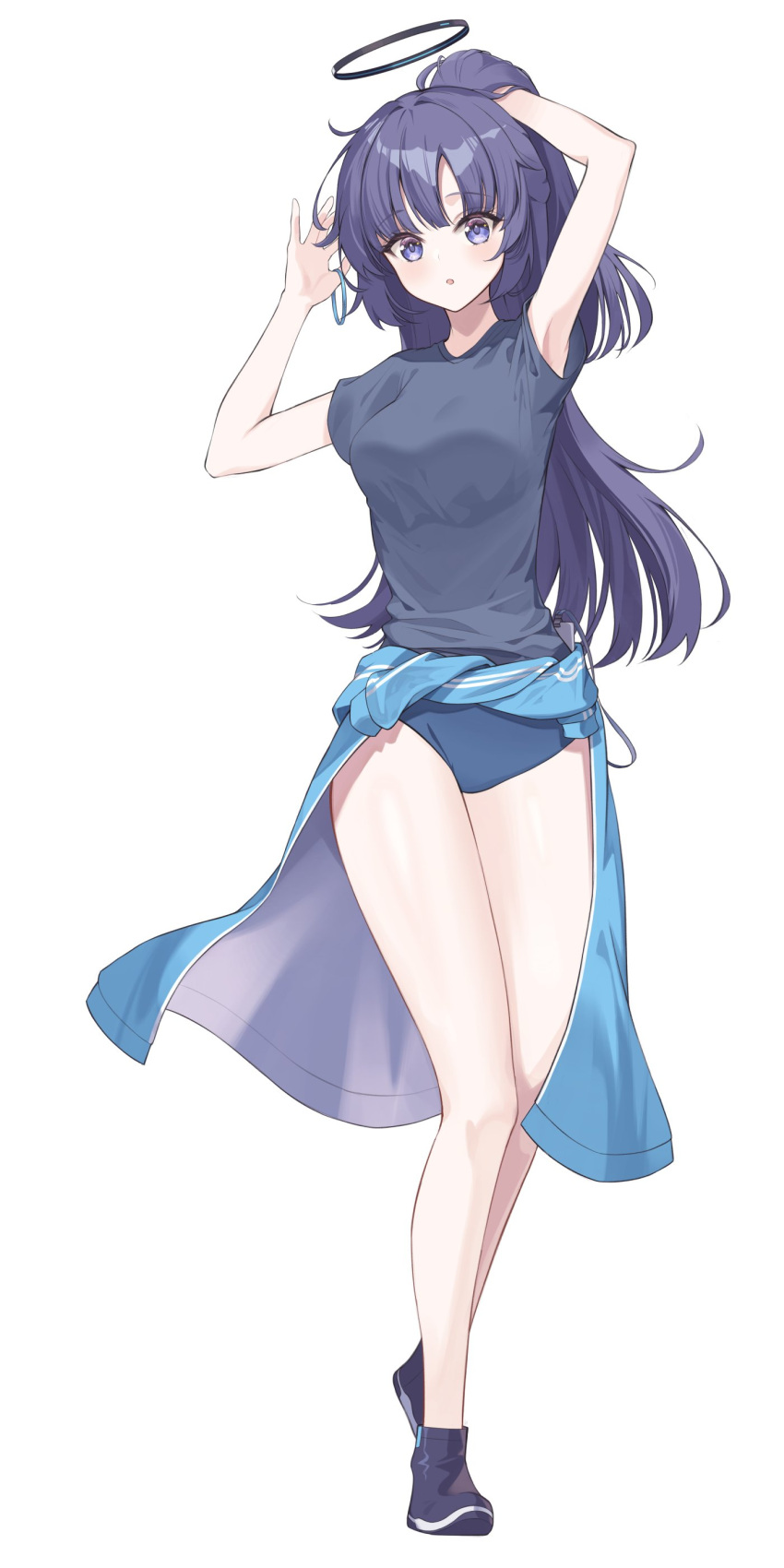 1girl absurdres adjusting_hair blue_archive clothes_around_waist full_body gym_uniform halo highres id_card jacket jacket_around_waist official_alternate_costume official_alternate_hairstyle ponytail purple_hair simple_background solo thighs twople white_background yuuka_(blue_archive) yuuka_(track)_(blue_archive)