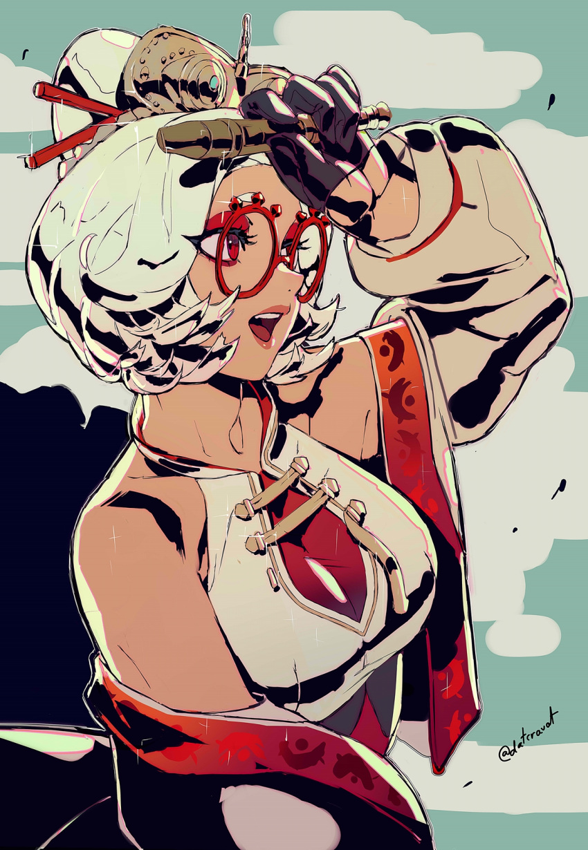 1girl bare_shoulders breasts collarbone datcravat double_bun eyeshadow glasses hair_bun hair_ornament hair_stick highres holding holding_smoking_pipe large_breasts makeup purah red-framed_eyewear red_eyes red_eyeshadow round_eyewear sheikah sleeveless smoking_pipe teeth the_legend_of_zelda the_legend_of_zelda:_tears_of_the_kingdom upper_teeth_only white_hair